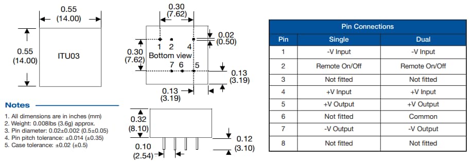 Mechanical Drawing - XP Power ITU03 3W Regulated DC-DC Converters Mechanical Drawing - XP Power ITU03 3W Regulated DC-DC Converters